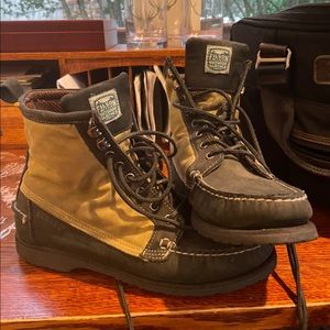 FILSON x SEBAGO 7" tall Kettle Boots Tan Canvas Black Suede Leather Men's 8.5 M
